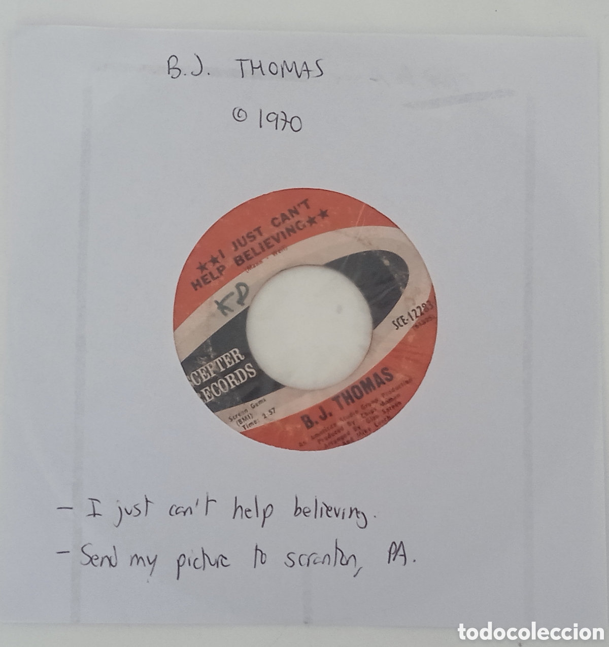 Discos de vinilo: B.J. THOMAS - I just cant help believing (1970) single - Foto 5
