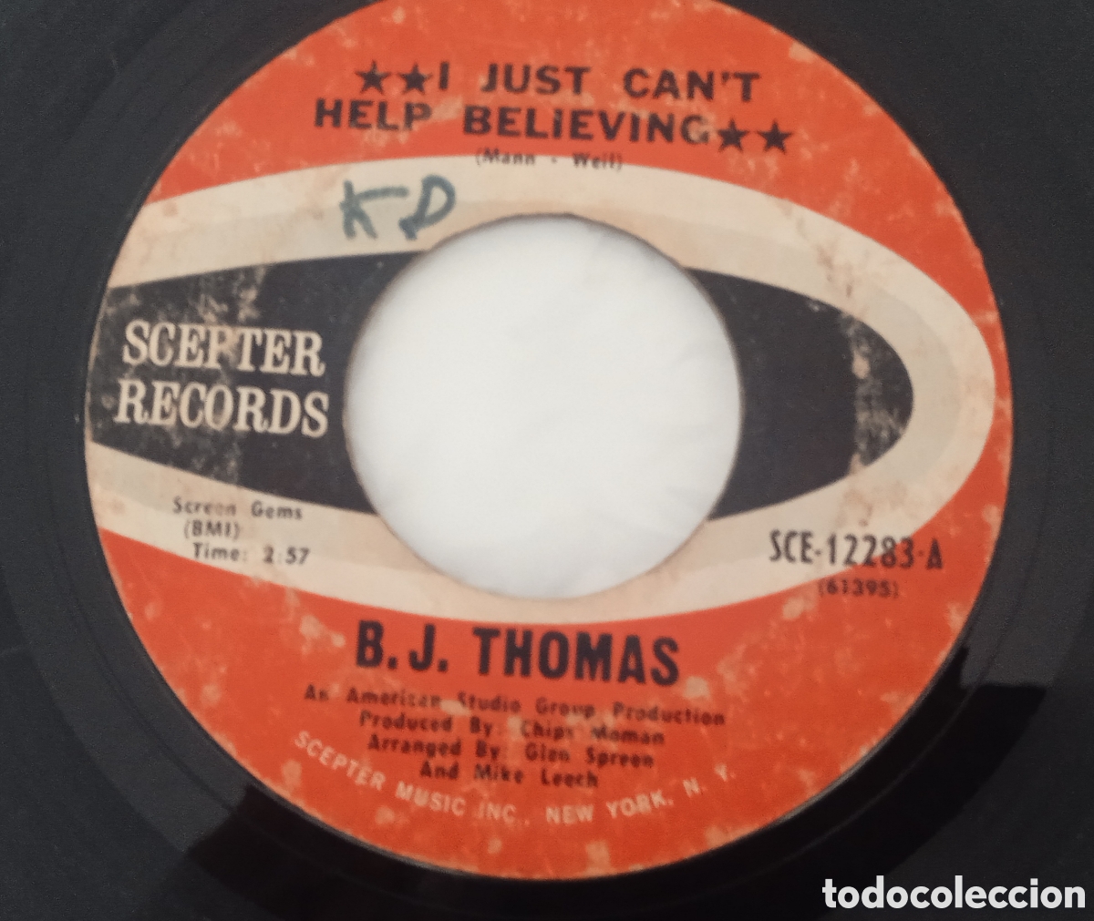 Discos de vinilo: B.J. THOMAS - I just cant help believing (1970) single - Foto 1
