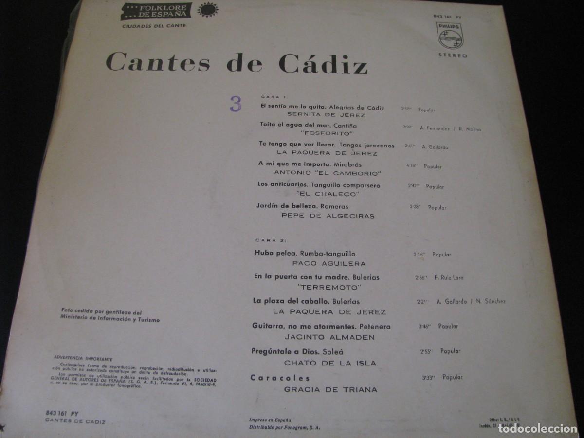 Discos de vinilo: DISCO LP VINILO. CANTES DE CADIZ. PHILIPS. - Foto 2