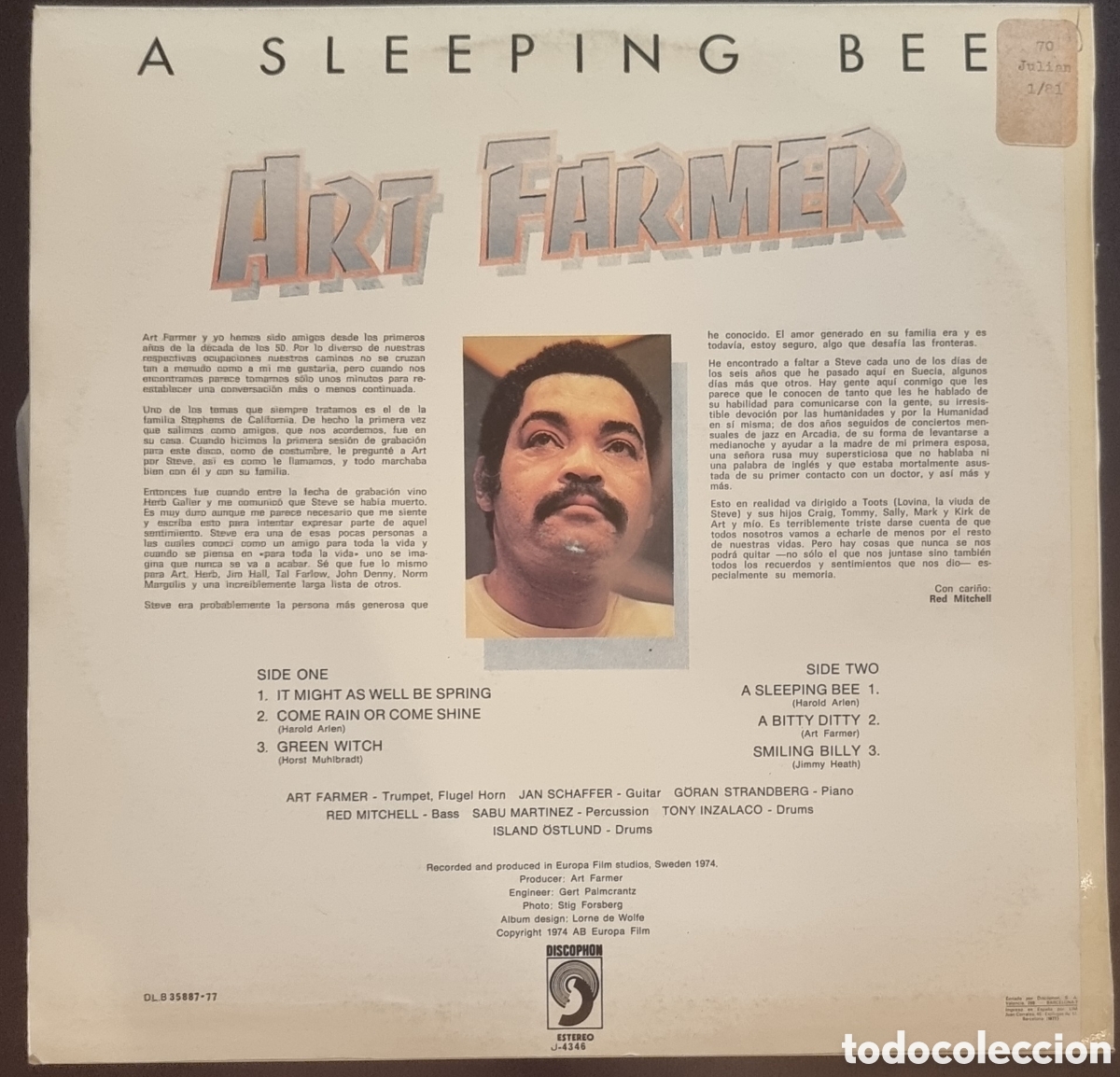Discos de vinilo: ART FARMER : A SLEEPING BEE LP - Foto 2