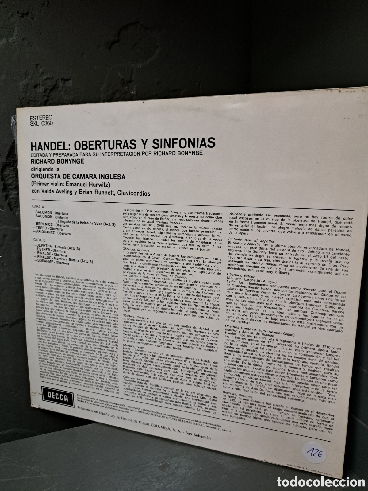 Discos de vinilo: Handel. Oberturas y Sinfon&iacute;as - Foto 2