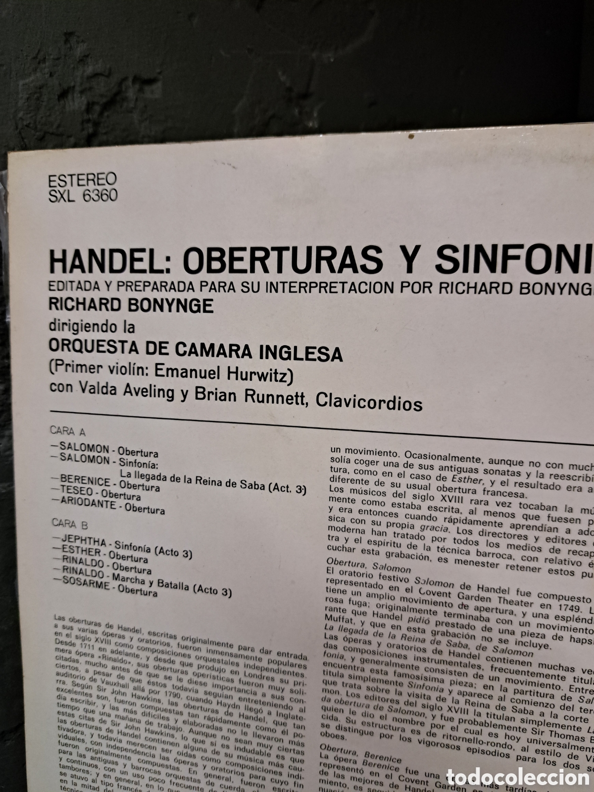 Discos de vinilo: Handel. Oberturas y Sinfon&iacute;as - Foto 3