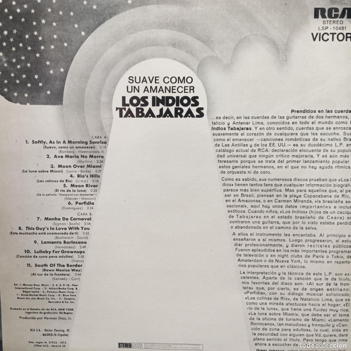 Discos de vinilo: LOS INDIOS TABAJARAS - LP 1972 Suave como un amanecer - Foto 2