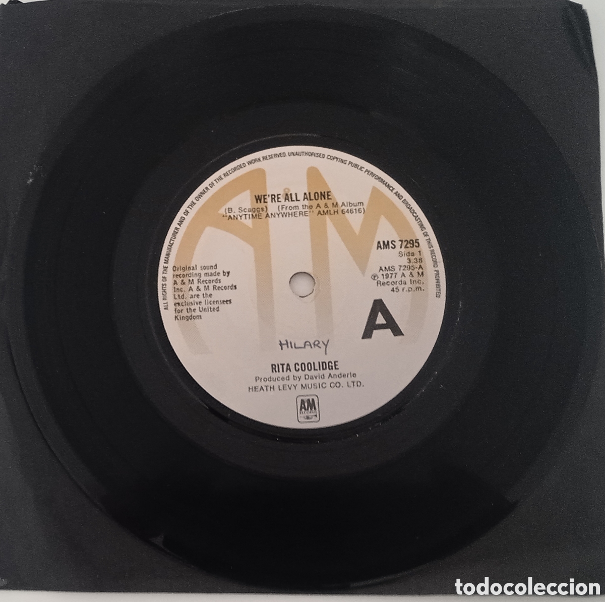 Discos de vinilo: RITA COOLIDGE - Were all alone (1977) single - Foto 3