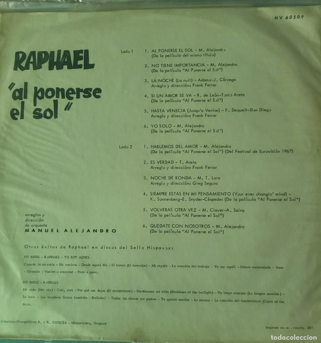 Discos de vinilo: Raphael Lp sello Hispavox editado en Uruguay...de Al ponerse el sol. - Foto 2