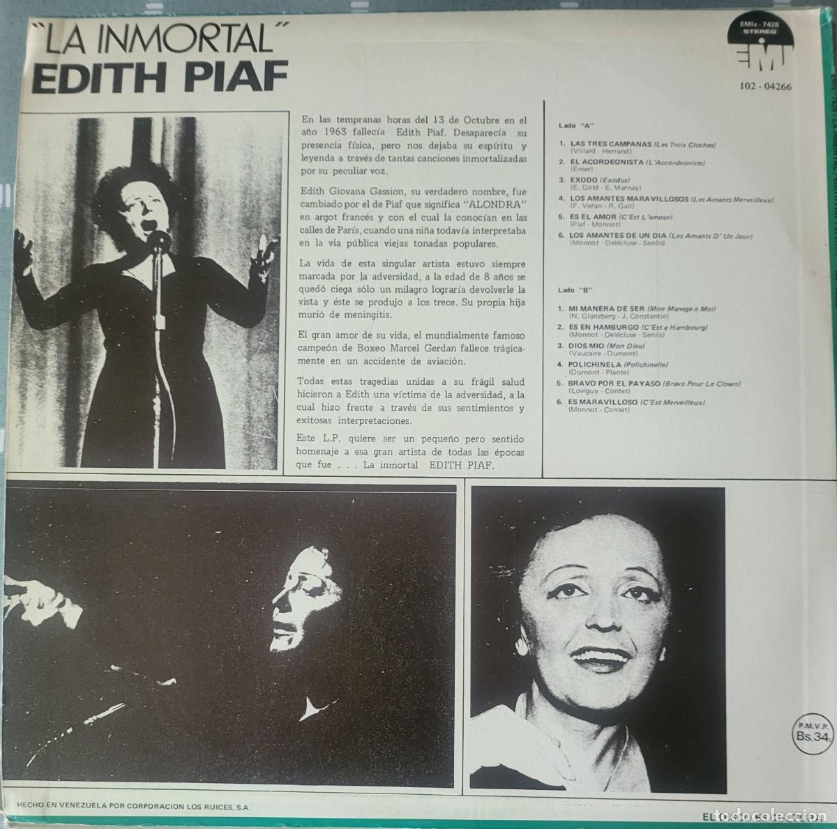 Discos de vinilo: Edith Piaf Lp sello EMI editado en Venezuela... - Foto 2