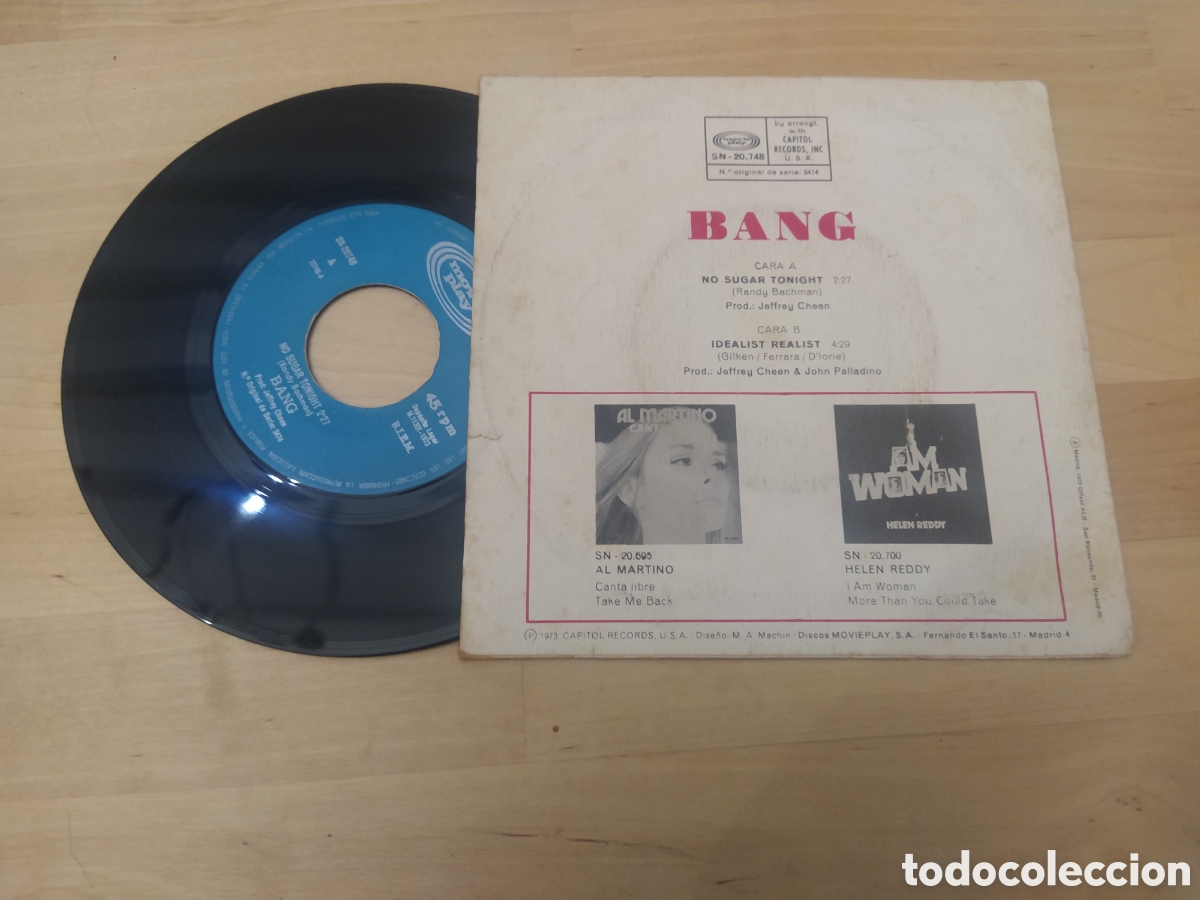 Discos de vinilo: BANG - NO SUGAR TONIGHT/IDEALIST REALIST - DISCO SINGLE VINILO - Foto 2