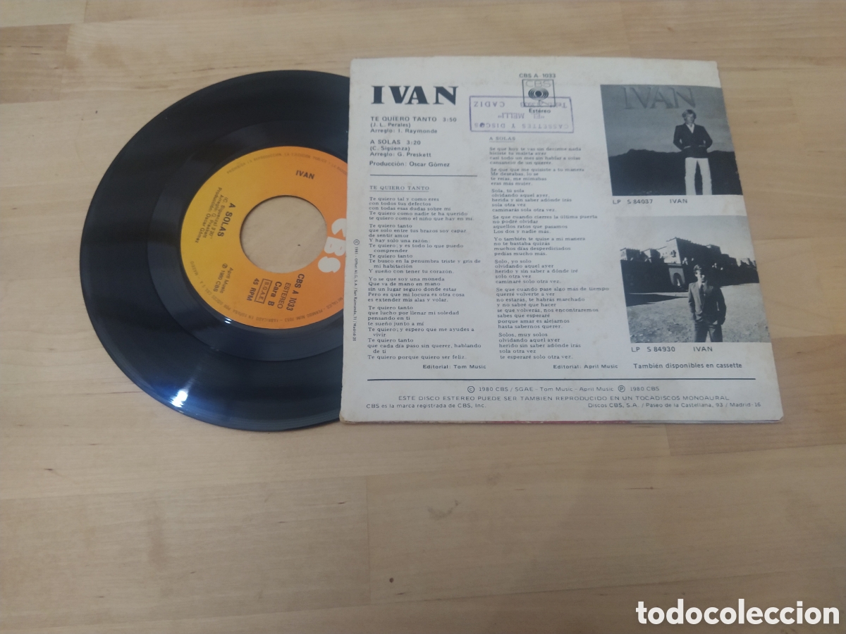 Discos de vinilo: IVAN - TE QUIERO TANTO/A SOLAS - DISCO SINGLE VINILO - Foto 2