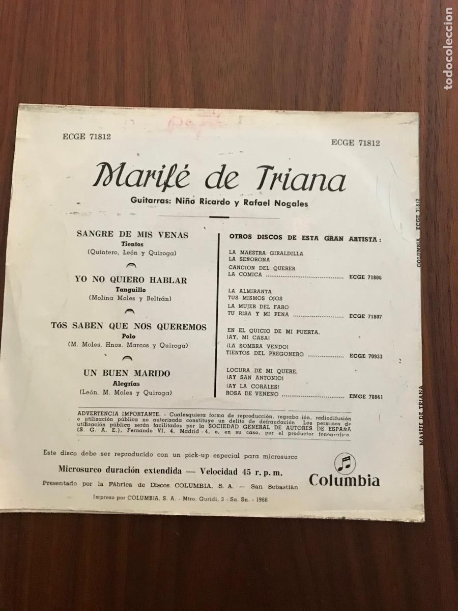 Discos de vinilo: SINGLE MARIFE DE TRIANA , COLUMBIA - Foto 2