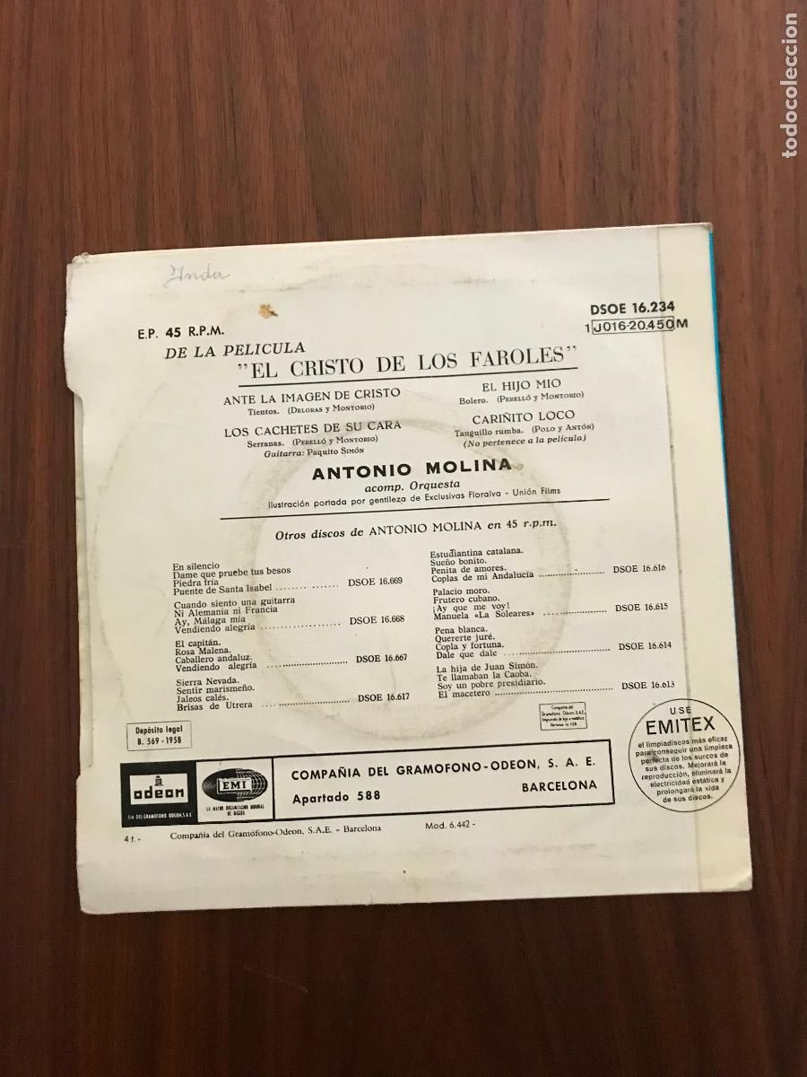 Discos de vinilo: SINGLE ANTONIO MOLINA , EL CRISTO DE LOS FAROLES , ODEON - Foto 2