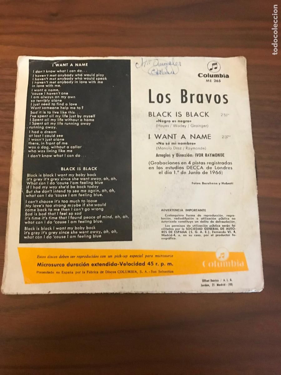 Discos de vinilo: SINGLE LOS BRAVOS , BLACK IS BLACK , COLUMBIA - Foto 2