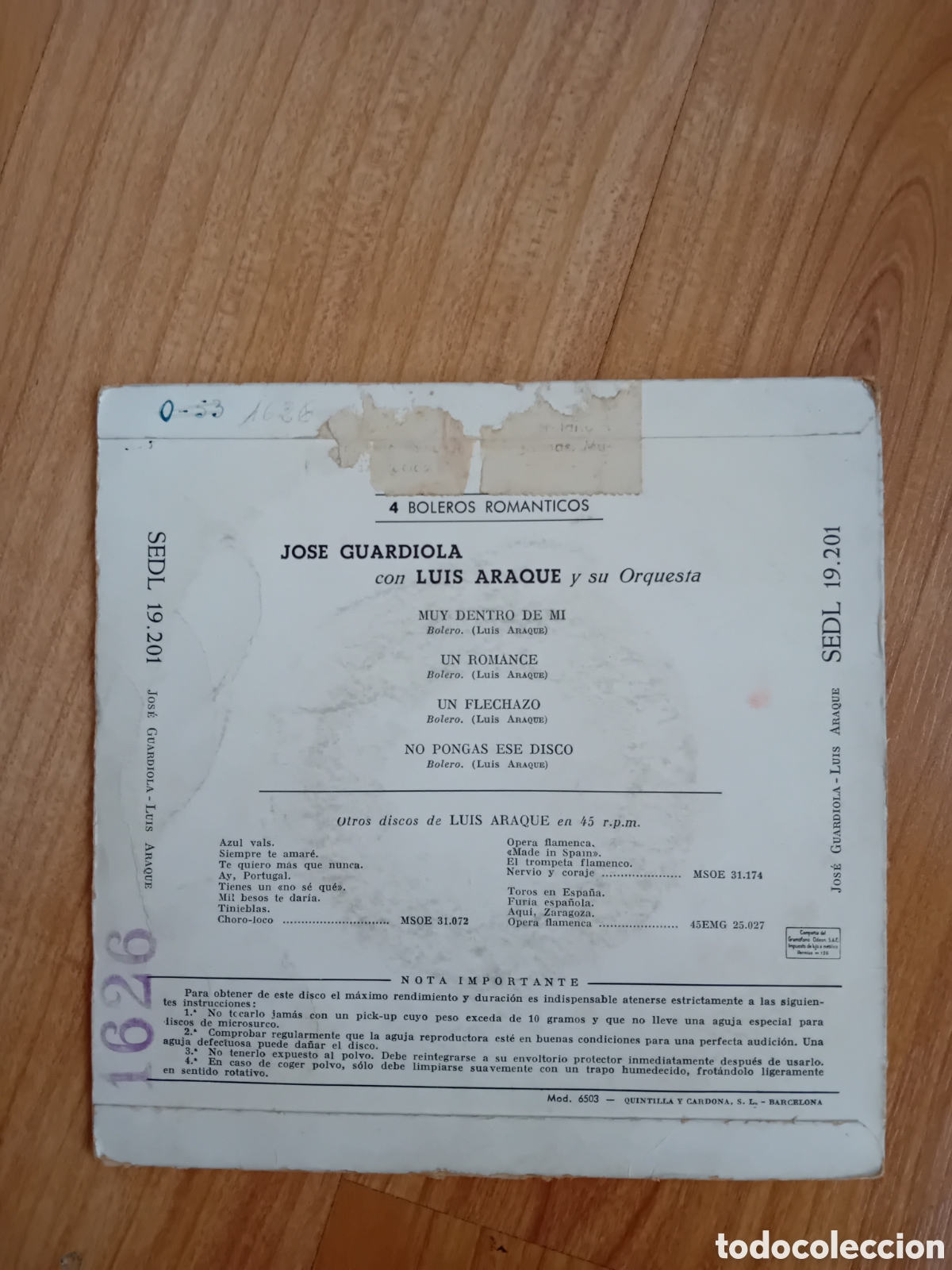 Discos de vinilo: LUIS ARAQUE. JOAE GUARDIOLA. 4 BOLEROS ROMANTICOS - Foto 2