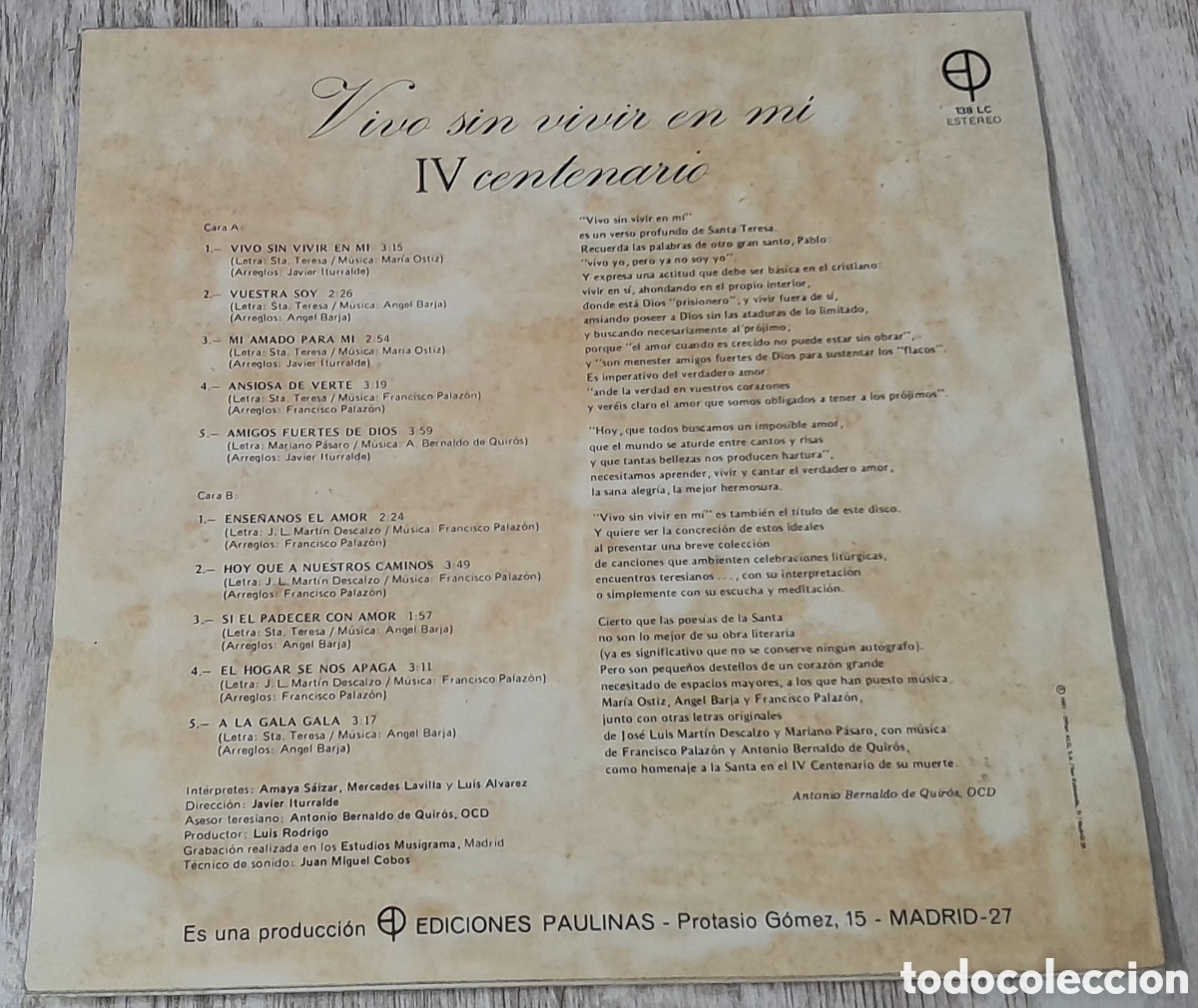 Discos de vinilo: VIVO SIN VIVIR EN M&Iacute; 1982 - IV CENTENARIO - Foto 2
