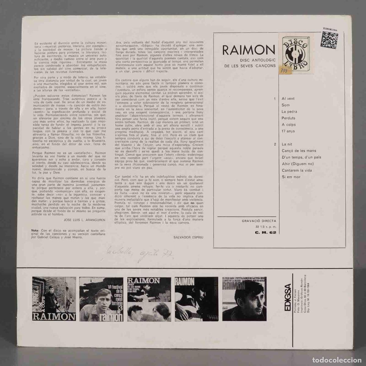 Discos de vinilo: LP. Raimon &ndash; Disc Antol&ograve;gic De Les Seves Can&ccedil;ons - Foto 2