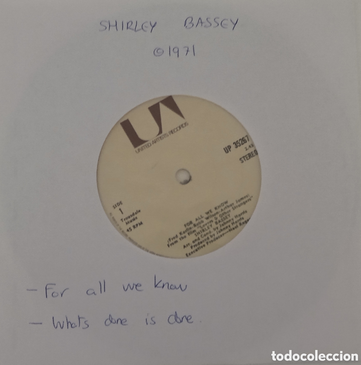 Discos de vinilo: SHIRLEY BASSEY - For all we know (1971) single - Foto 5