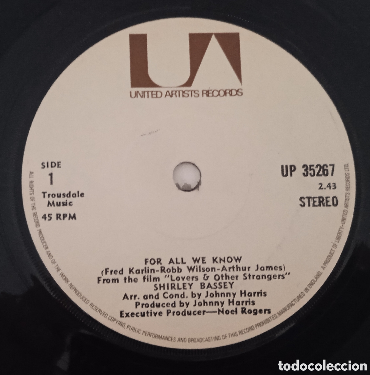 Discos de vinilo: SHIRLEY BASSEY - For all we know (1971) single - Foto 1