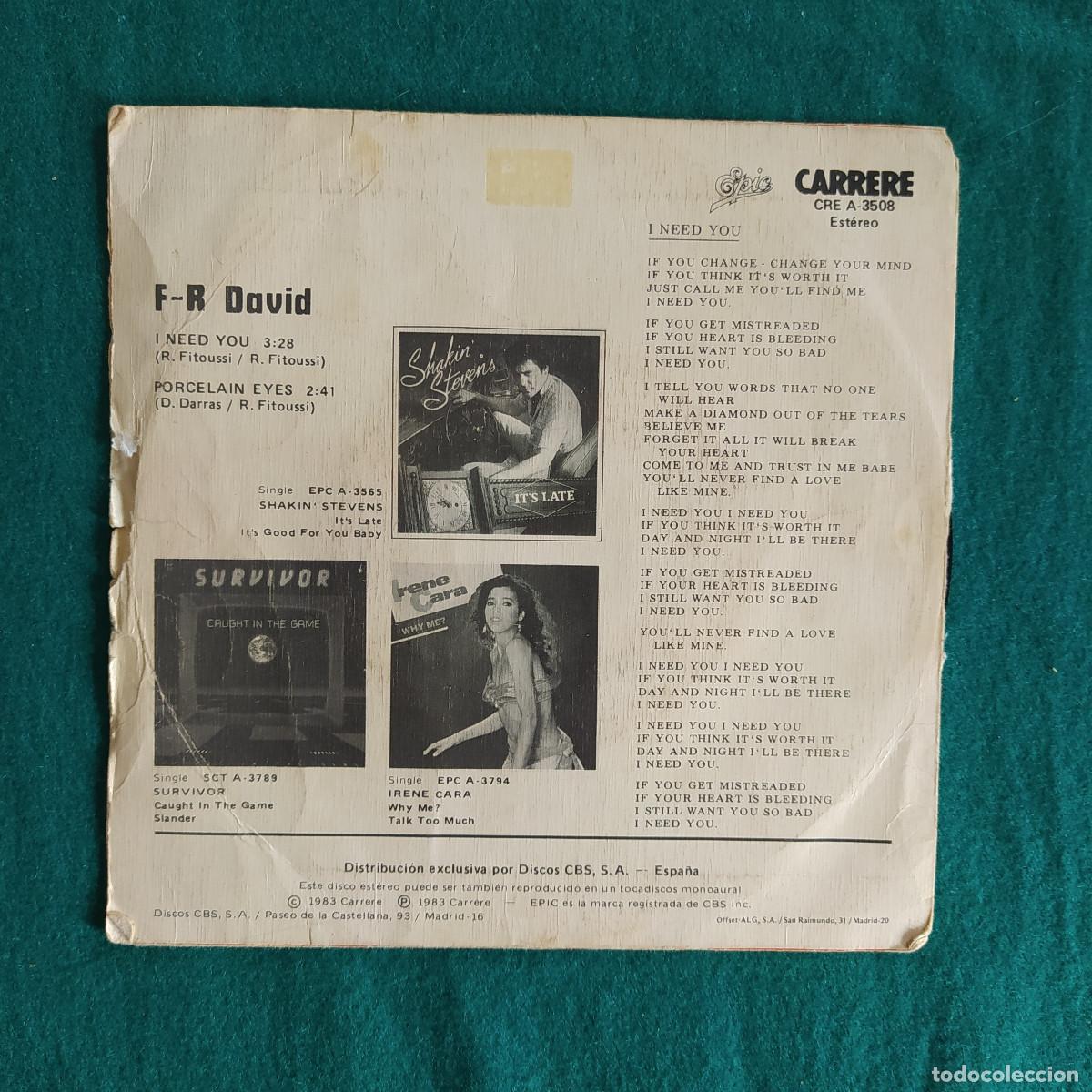 Discos de vinilo: F.R. David &ndash; I Need You - Foto 2