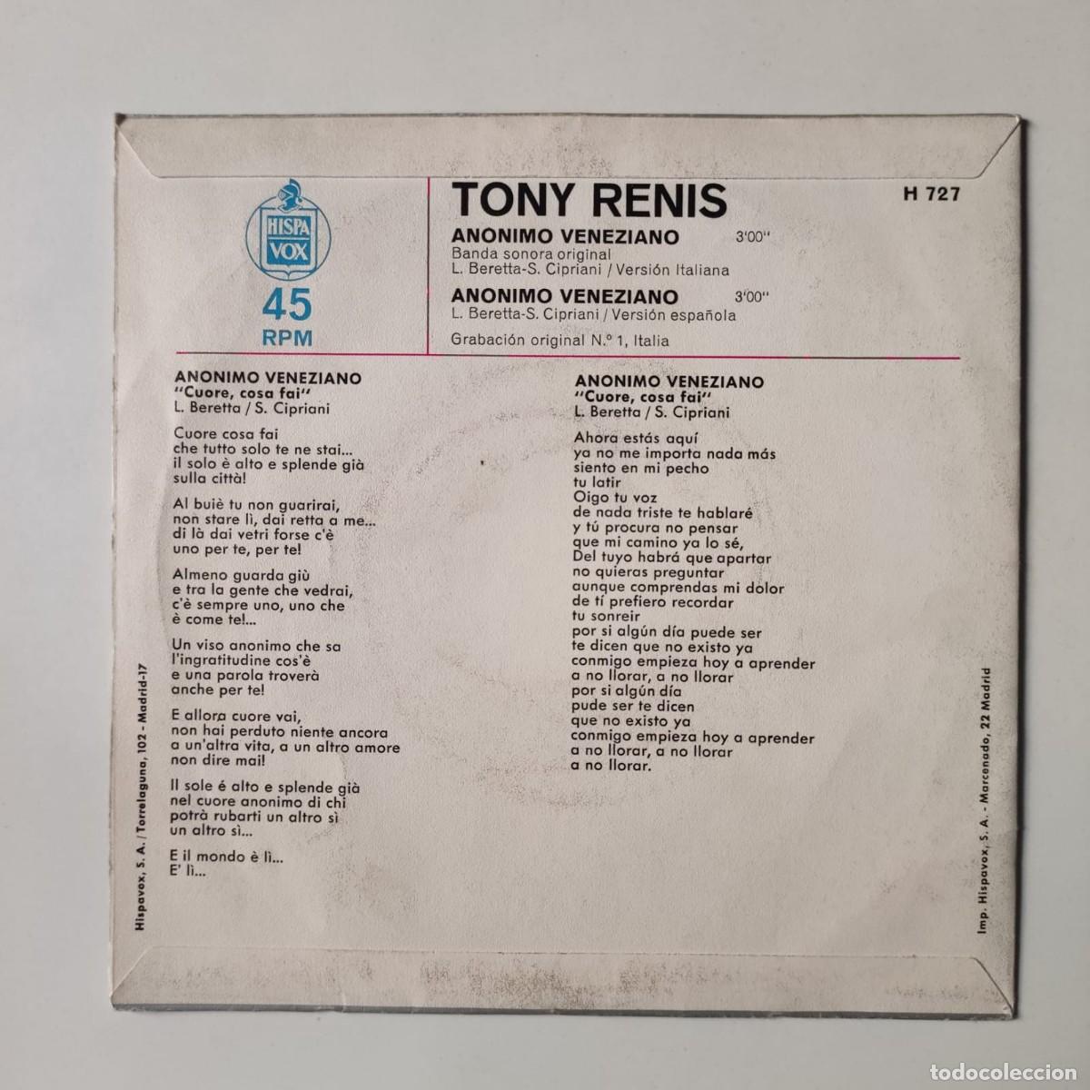 Discos de vinilo: Tony Renis. BSO An&oacute;nimo veneciano - Foto 2