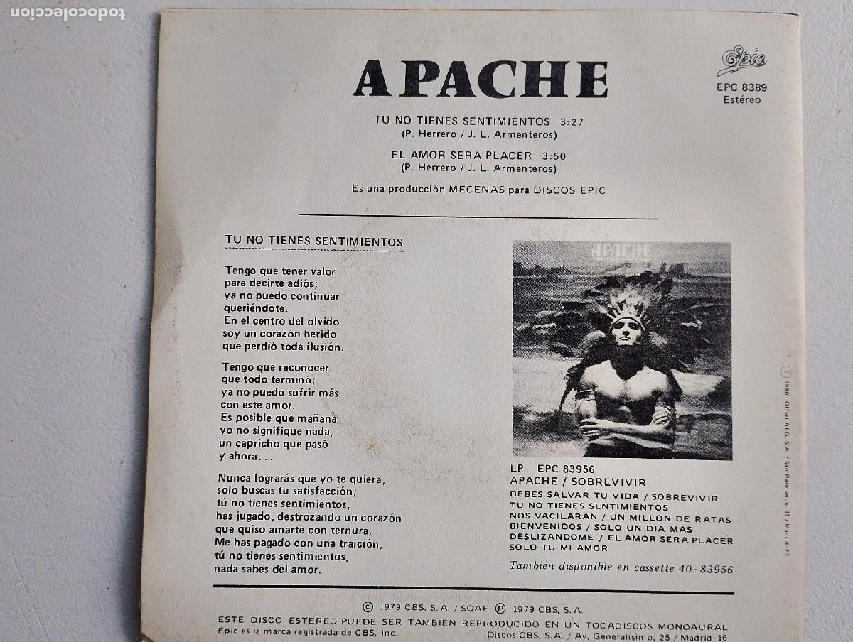 Discos de vinilo: Apache &lrm;&ndash; Tu No Tienes Sentimientos ed espa&ntilde;ola - Foto 3