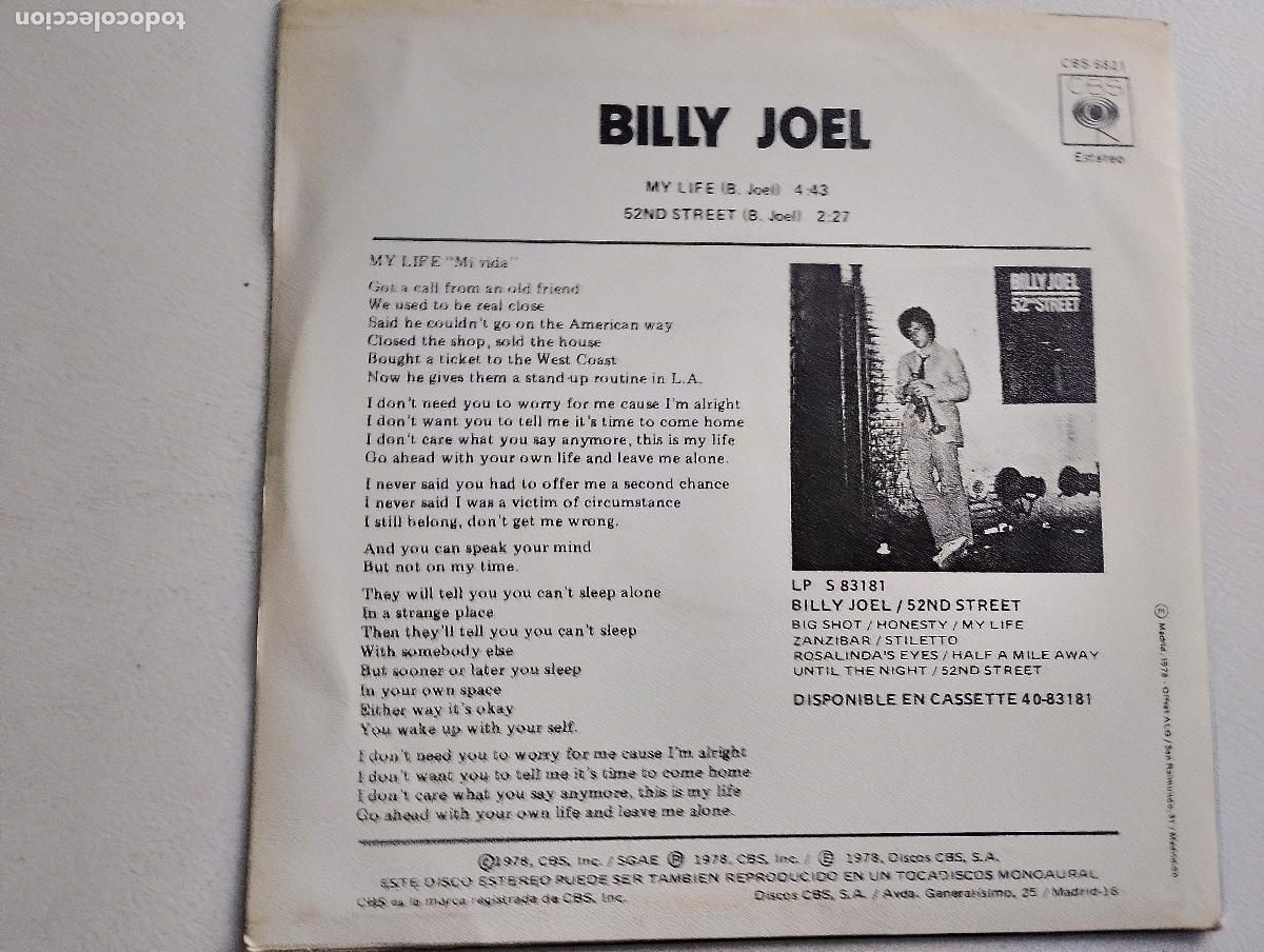 Discos de vinilo: Billy Joel &lrm;&ndash; Mi Vida ed espa&ntilde;ola 1978 Pop Rock - Foto 4