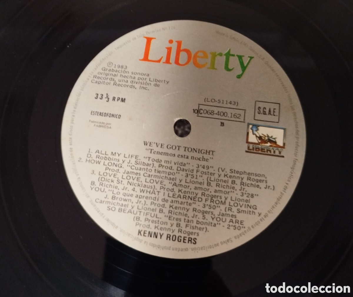 Discos de vinilo: Kenny Rogers&nbsp;&lrm;&ndash;&nbsp;Weve Got Tonight - Foto 3