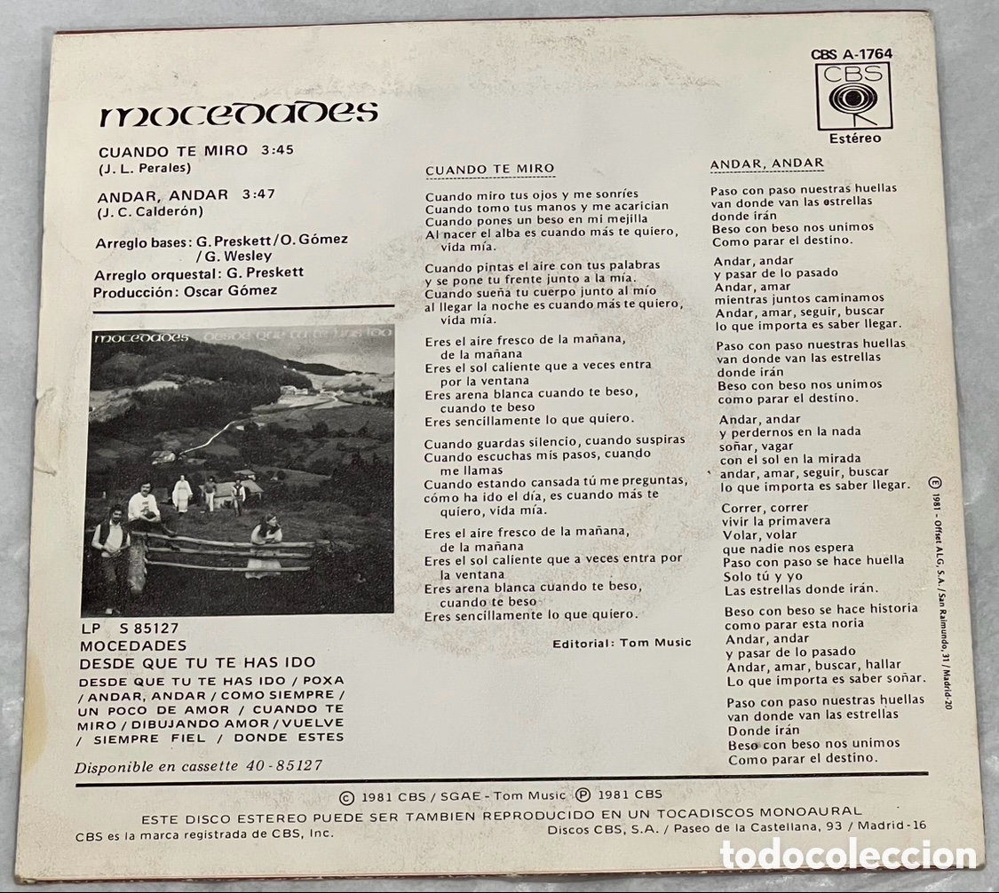 Discos de vinilo: Disco Vinilo Single. Mocedades. &ldquo;Cuando te miro&rdquo;. 1981. - Foto 2