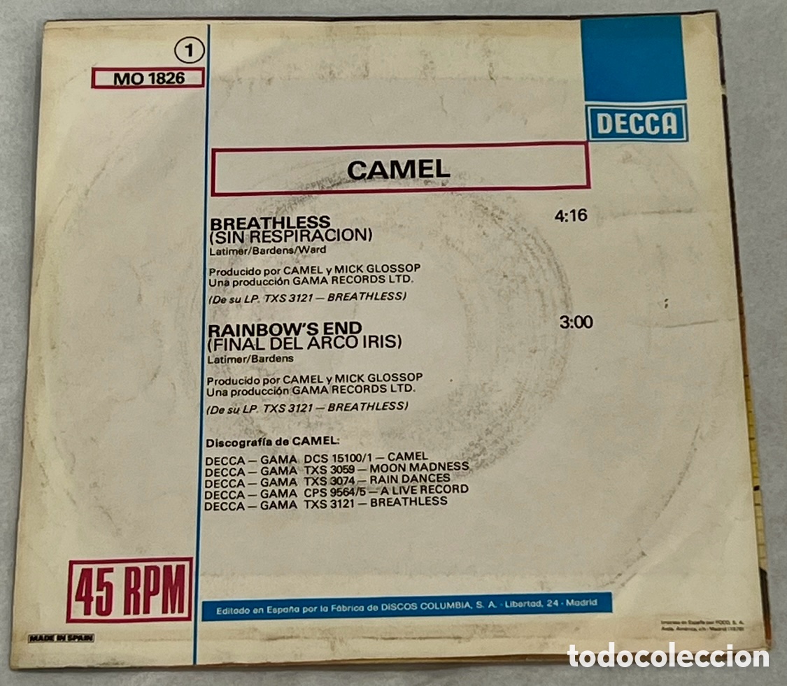 Discos de vinilo: Disco Vinilo Single. Camel. &ldquo;Breathless&rdquo;. 1978. - Foto 2