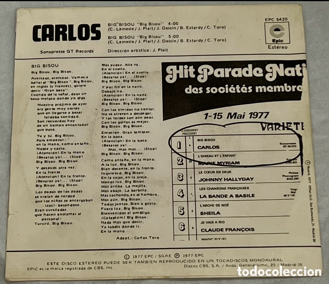 Discos de vinilo: Disco Vinilo Single. Carlos. &ldquo;Big Bisou&rdquo;. 1977. - Foto 2