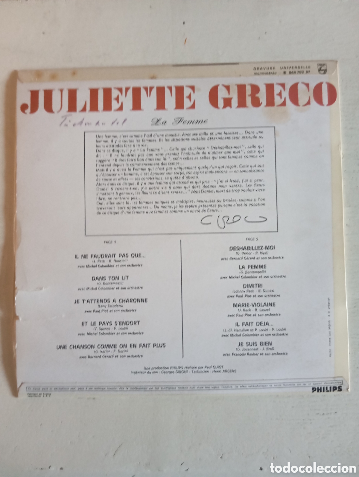 Discos de vinilo: JULIETTE GRECO - LA FEMME - PHILIPS - Foto 6