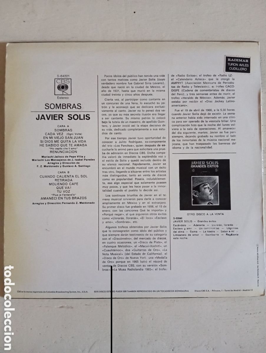 Discos de vinilo: JAVIER SOLIS - SOMBRAS - CBS - 1970 - Foto 6
