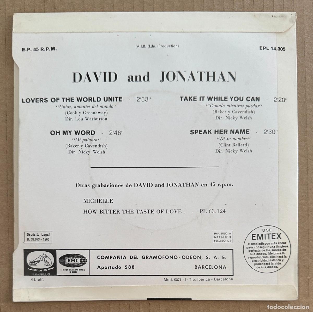 Discos de vinilo: DAVID & JONATHAN EP LOVERS WORLD UNITE PROMOCIONAL 1966 - Foto 2