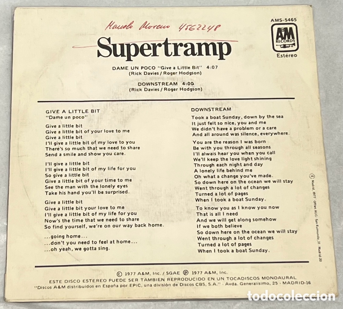 Discos de vinilo: Disco Vinilo Single. Supertramp. &ldquo;Give a little bit&rdquo;. 1977. - Foto 2