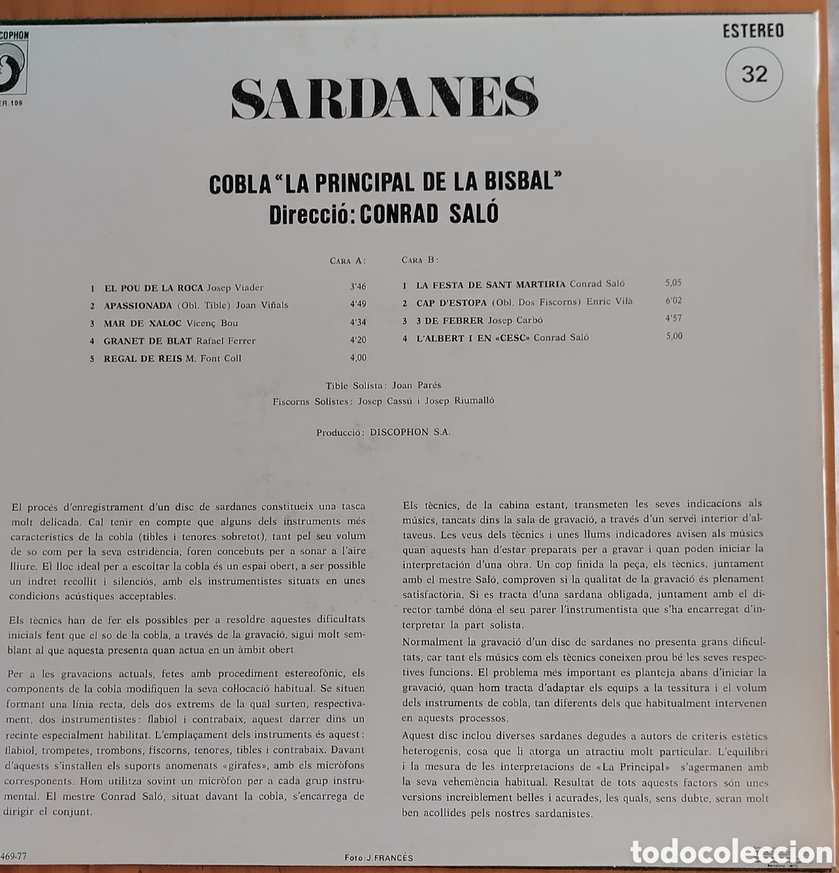Discos de vinilo: Sardanes COBLA LA PRINCIPAL DE LA BISBAL - Foto 2