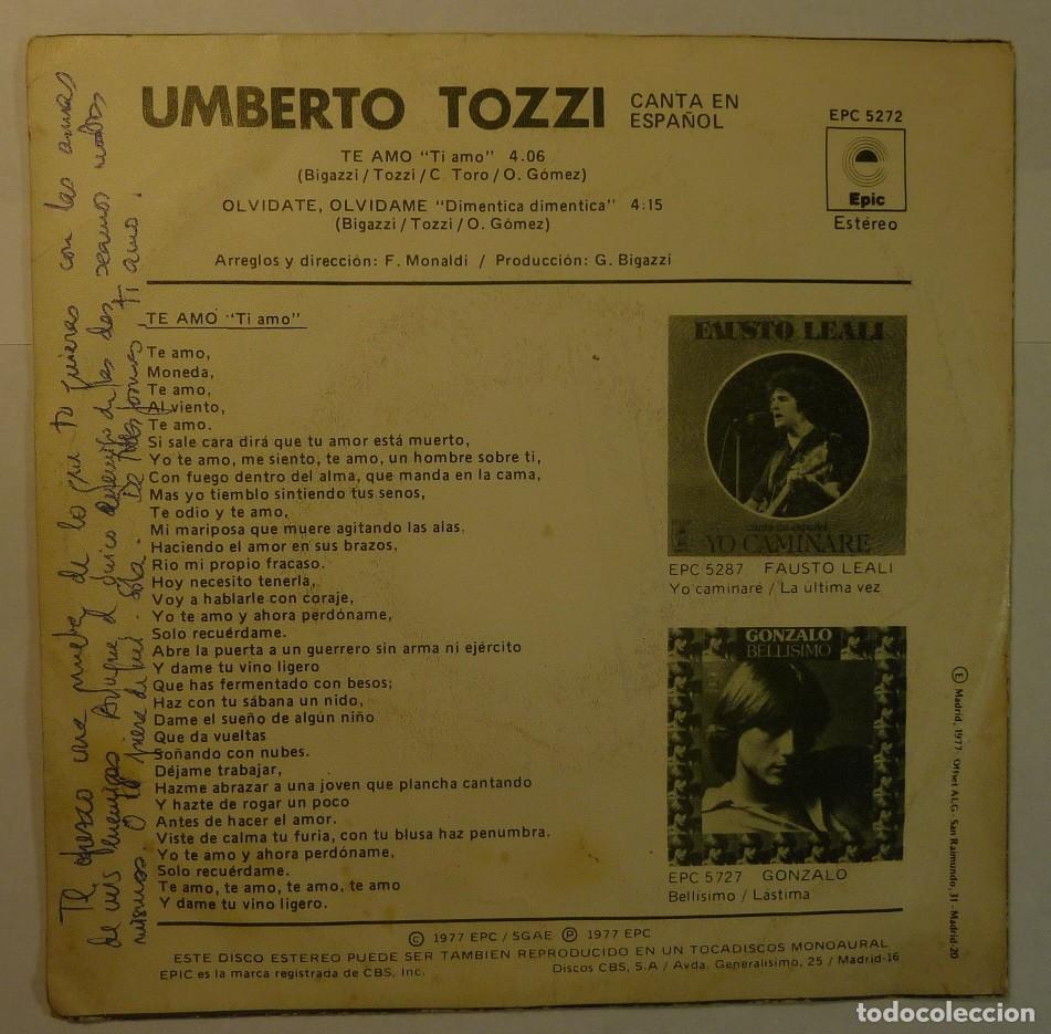 Discos de vinilo: UMBERTO TOZZI // TE AMO // 1977 // SINGLE - Foto 2