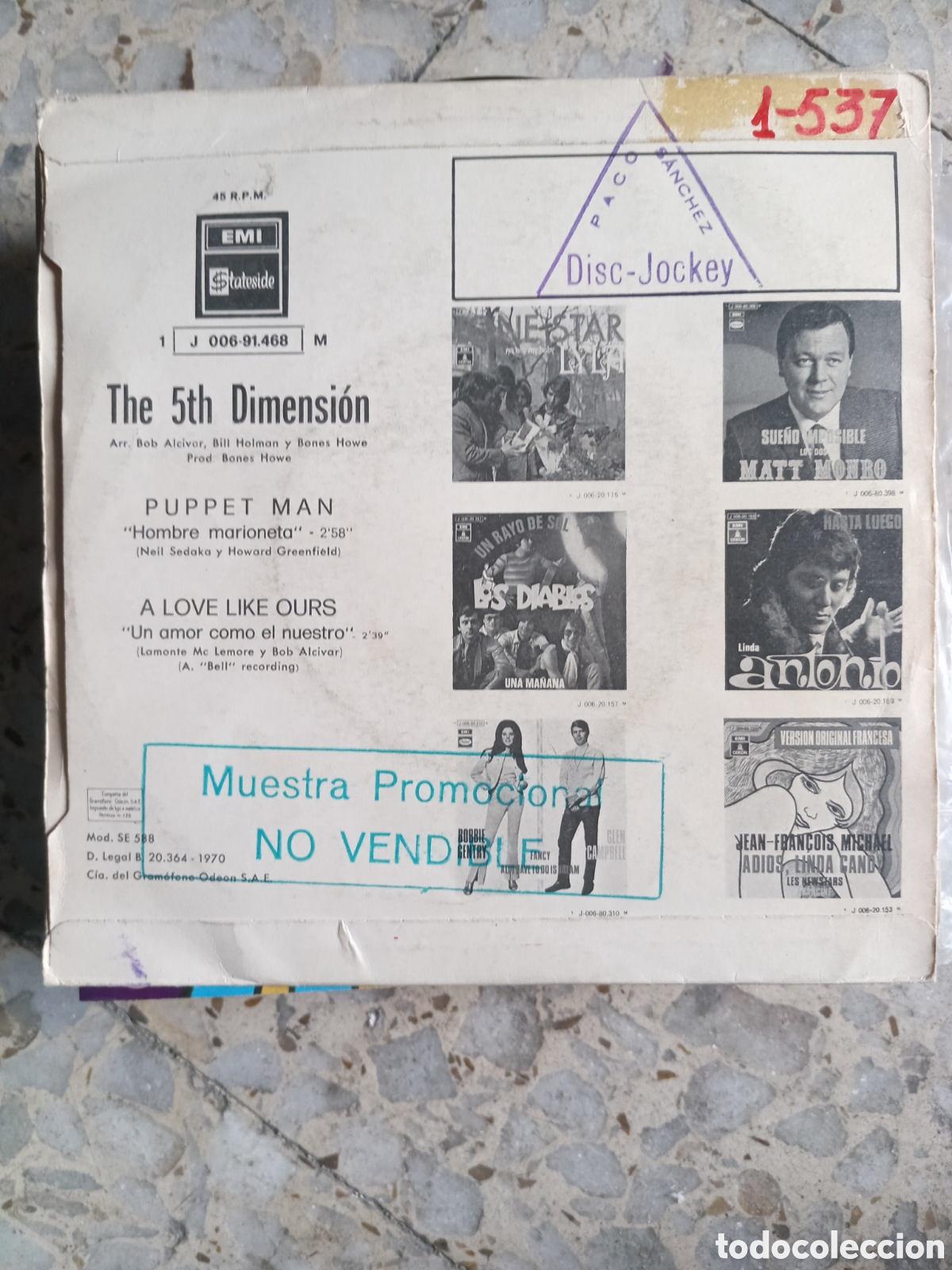 Discos de vinilo: SGL THE 5TH DIMENSION PUPPET MAN 1970 PROMO - Foto 2