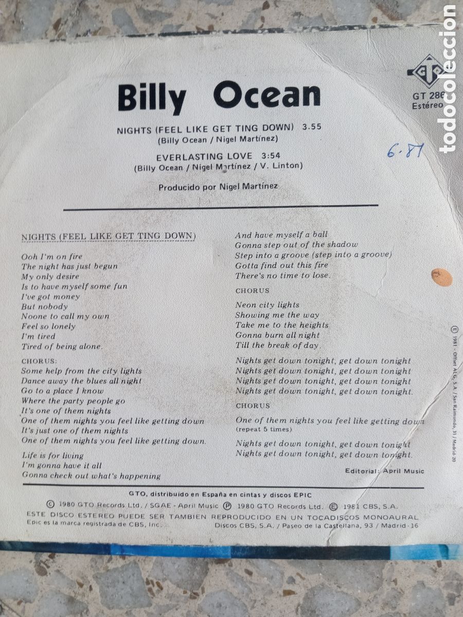 Discos de vinilo: SGL BILLY OCEAN NIGHTS FEEL LIKE GETING DOWN 1980 - Foto 2