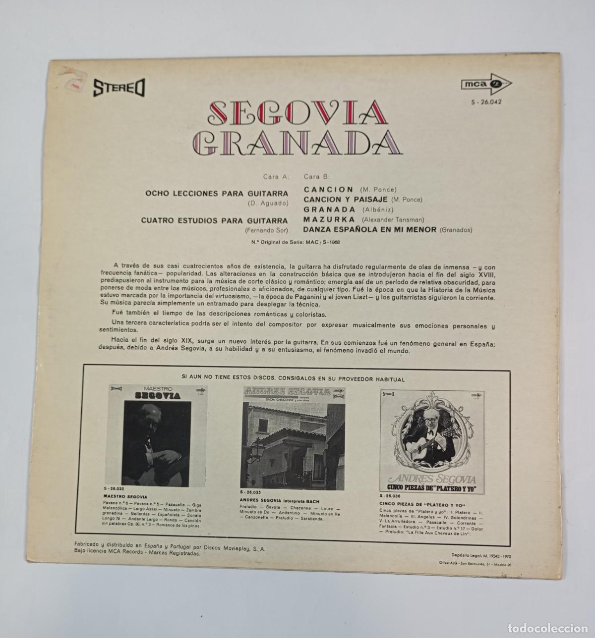 Discos de vinilo: ANDR&Eacute;S SEGOVIA. GRANADA. LP. TDKDA70 - Foto 2