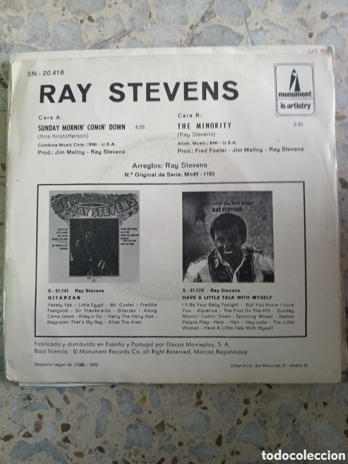 Discos de vinilo: SGL RAY STEVENS SUNDAY MORNIN COMIN DOWN 1970 - Foto 2