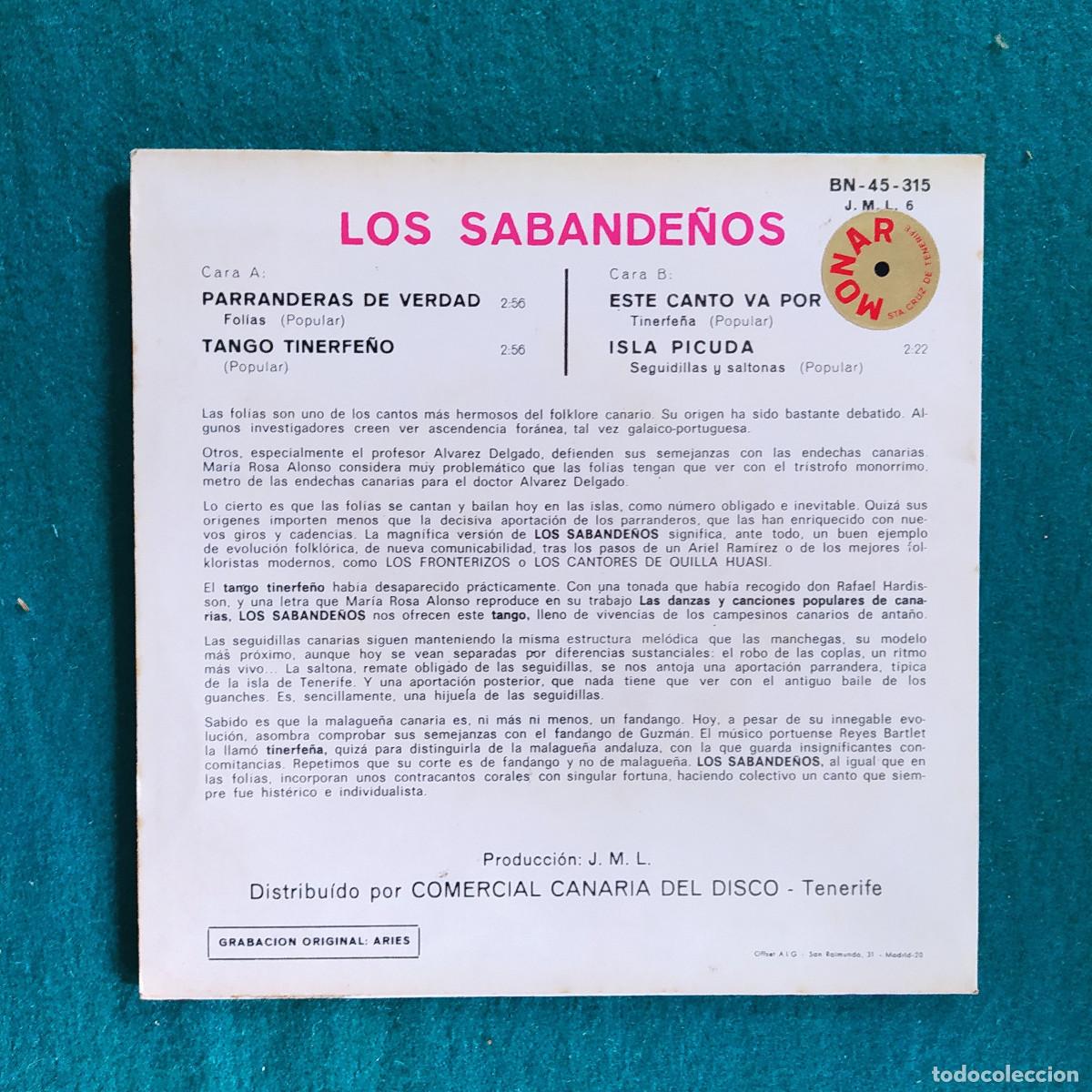 Discos de vinilo: LOS SABANDE&Ntilde;OS. FOLKLORE DE LAS ISLAS CANARIAS - Foto 2