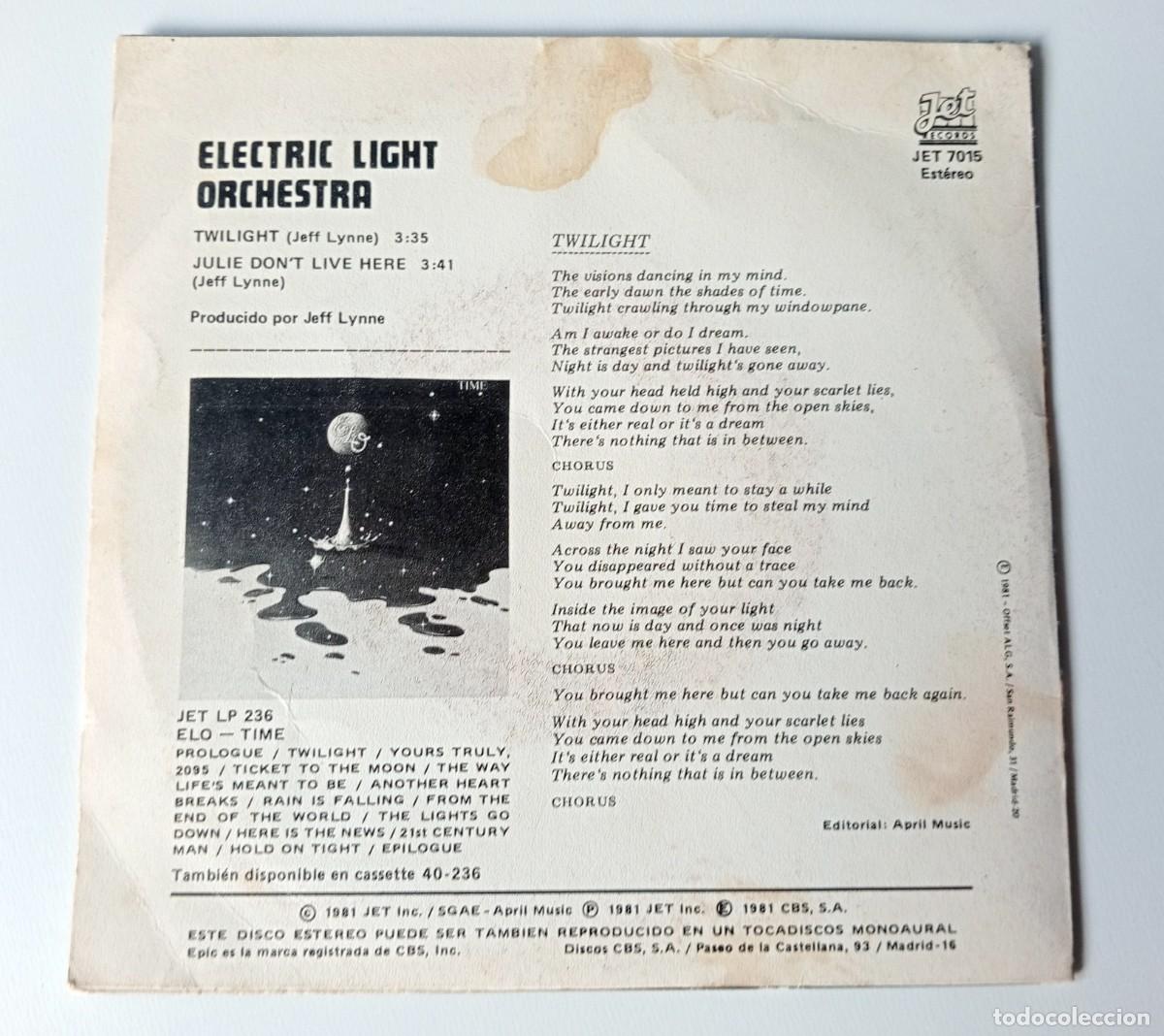 Discos de vinilo: SINGLE E.L.O.( ELECTRIC LIGHT ORCHESTRA) - CREPUSCULO - Foto 2