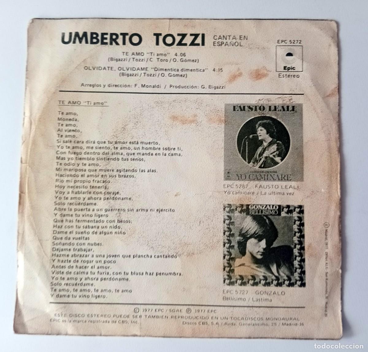 Discos de vinilo: SINGLE UMBERTO TOZZI - TE AMO - Foto 2