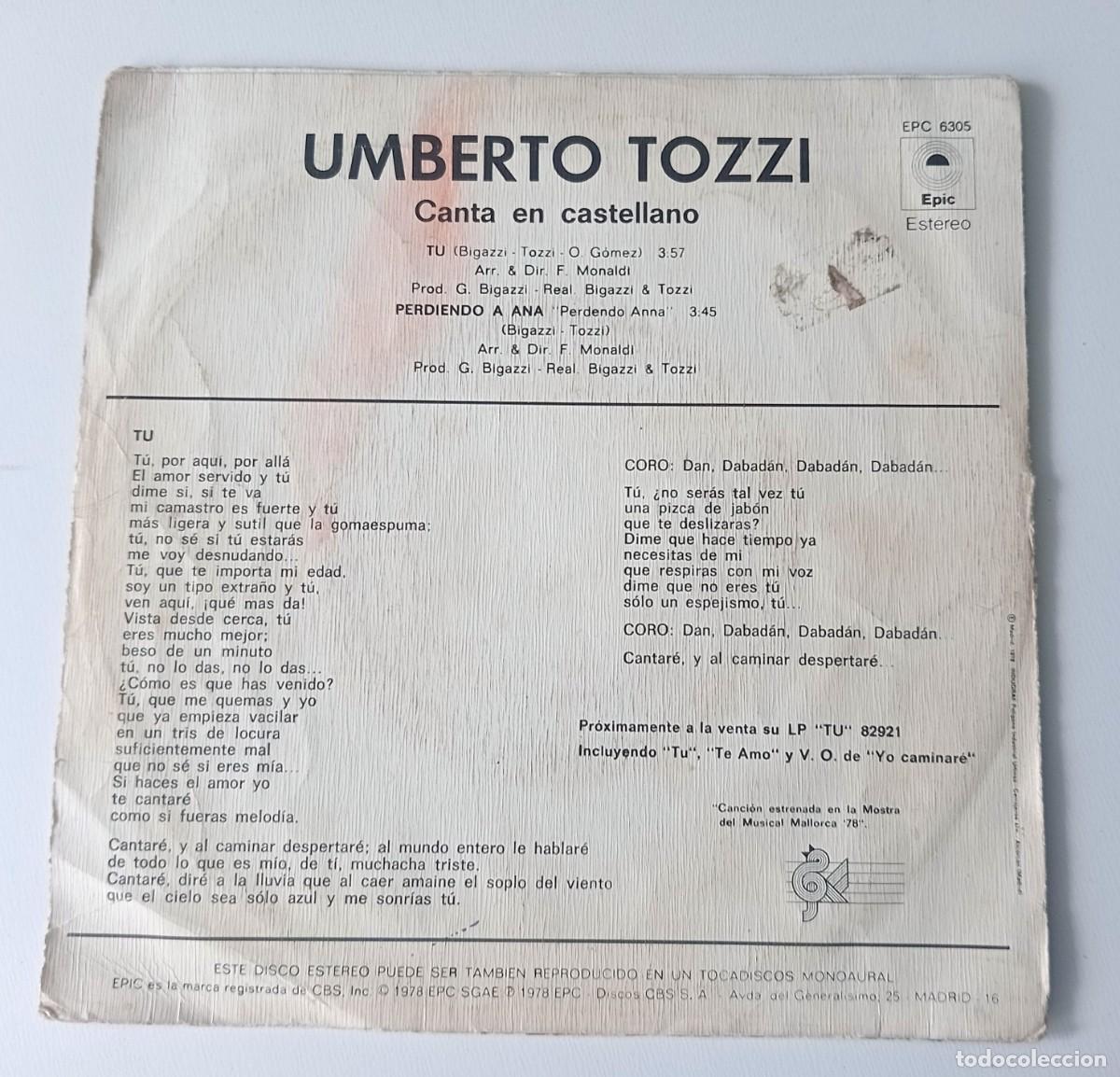 Discos de vinilo: SINGLE UMBERTO TOZZI - T&Uacute; - Foto 2