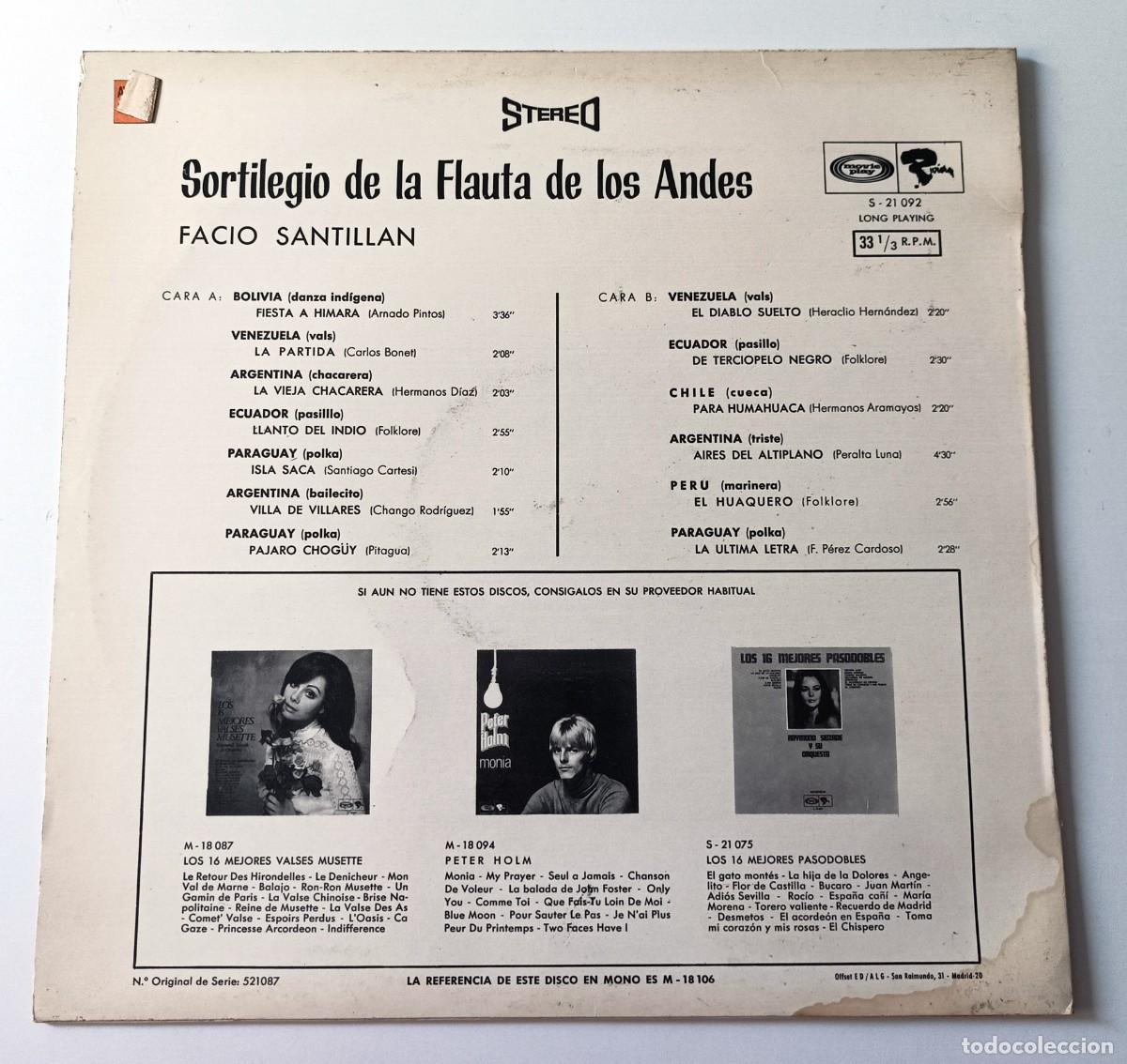 Discos de vinilo: LP FACIO SANTILL&Aacute;N - SORTILEGIO DE LA FLAUTA DE LOS ANDES - Foto 2