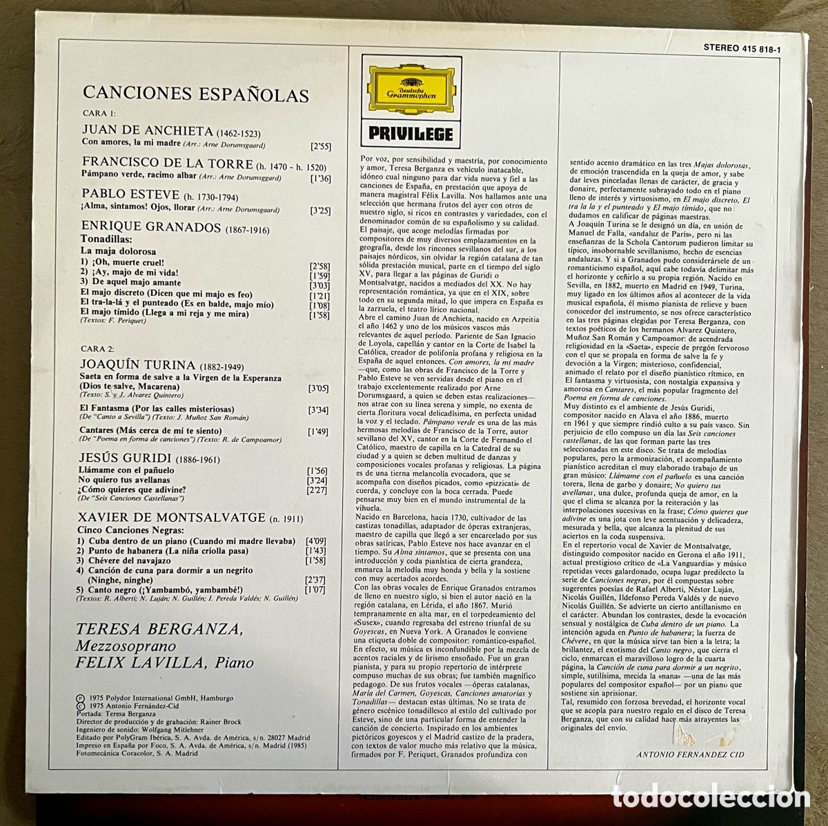 Discos de vinilo: Teresa Berganza, Canciones Espa&ntilde;olas - Foto 2