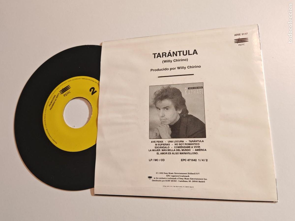Discos de vinilo: RAPHAEL Tarantula SINGLE VINILO PROMO ESPA&Ntilde;A DEL A&Ntilde;O 1992 1 TEMA - Foto 2