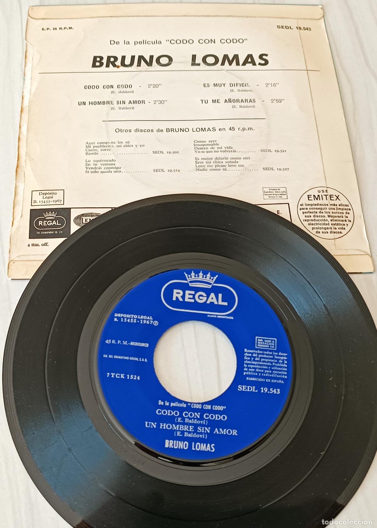 Discos de vinilo: BRUNO LOMAS - CODO CON CODO 3 TEMAS REGAL - 1967 - Foto 2