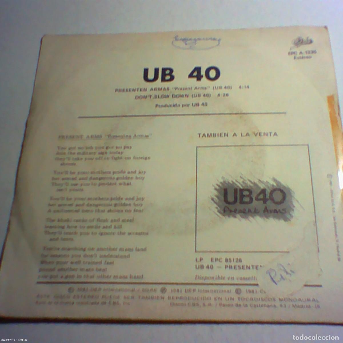 Discos de vinilo: single ub40. present arms. dont slow down. epic 1981 spain (seminuevo) - Foto 2