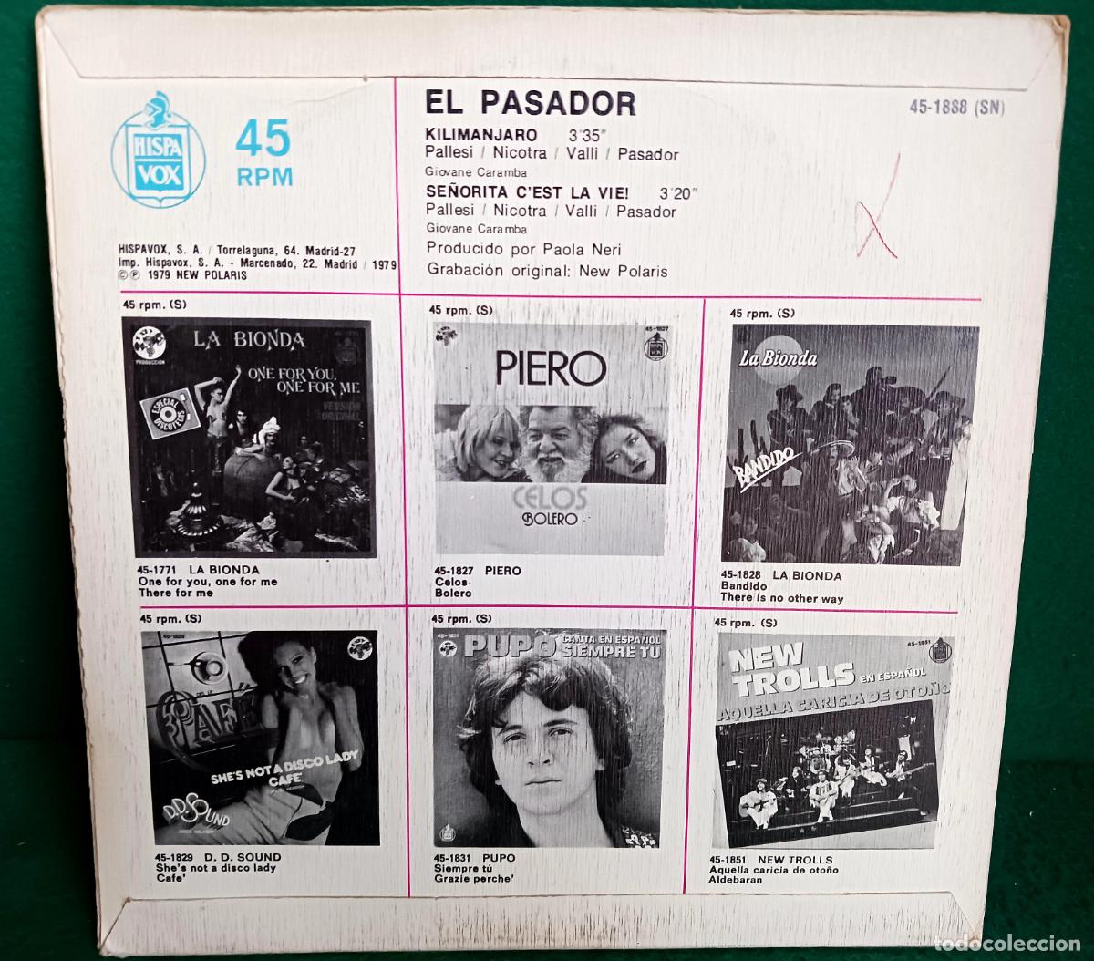 Discos de vinilo: DISCO VINILO SINGLE - EL PASADOR - KILIMANJARO - HISPAVOX 45-1888 - Foto 2