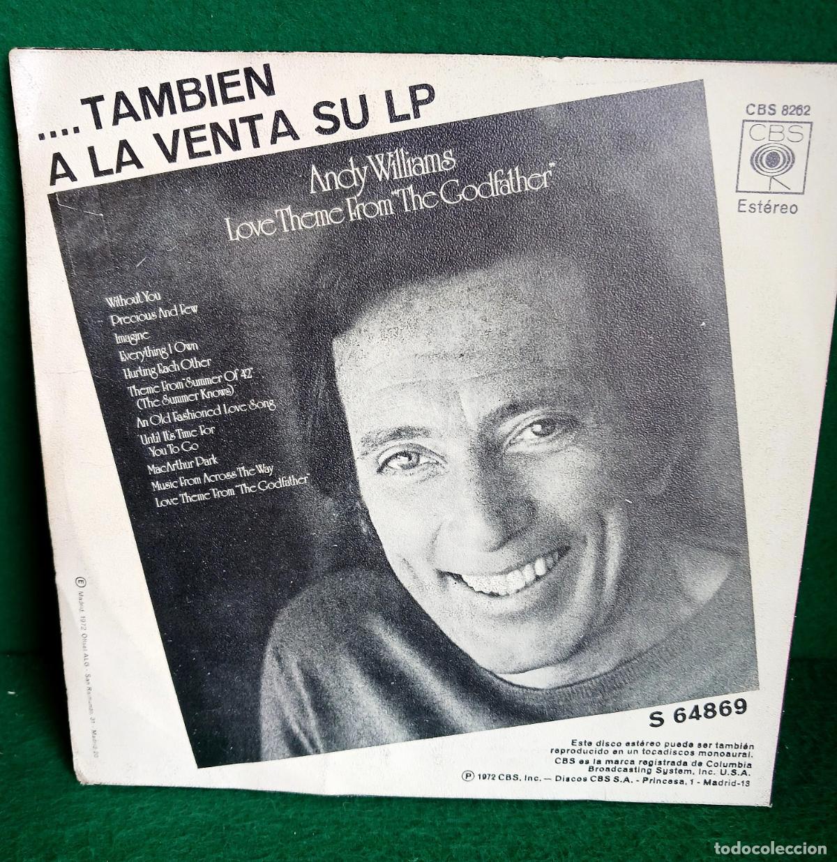 Discos de vinilo: DISCO VINILO SINGLE - ANDY WILLIAMS - EL PADRINO - CBS 8262 - Foto 2