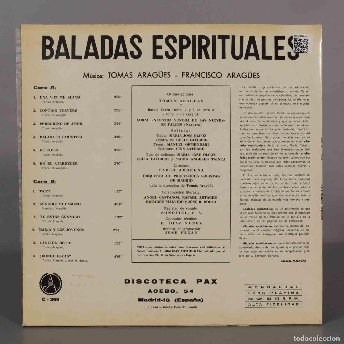 Discos de vinilo: LP. Tomas Arag&uuml;es - Francisco Arag&uuml;es &ndash; Baladas Espirituales - Foto 2